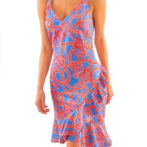 NWT Gretchen Scott L Red Tassle Blue background Sundress Maximalist Preppycore